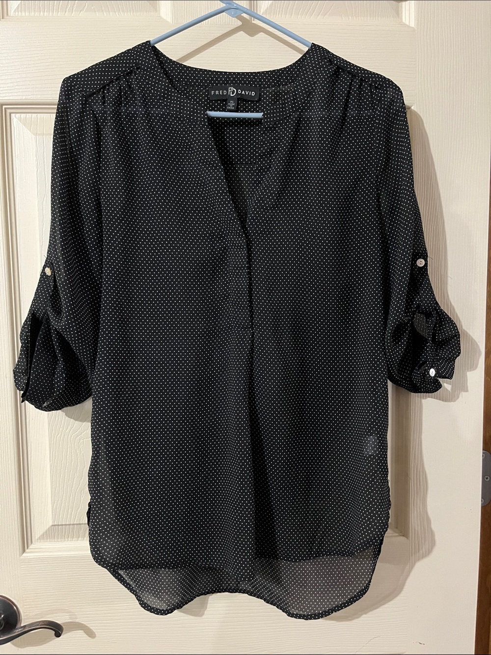 Fred David Black & White Microdot V-Neck Roll-Sleeve Blouse